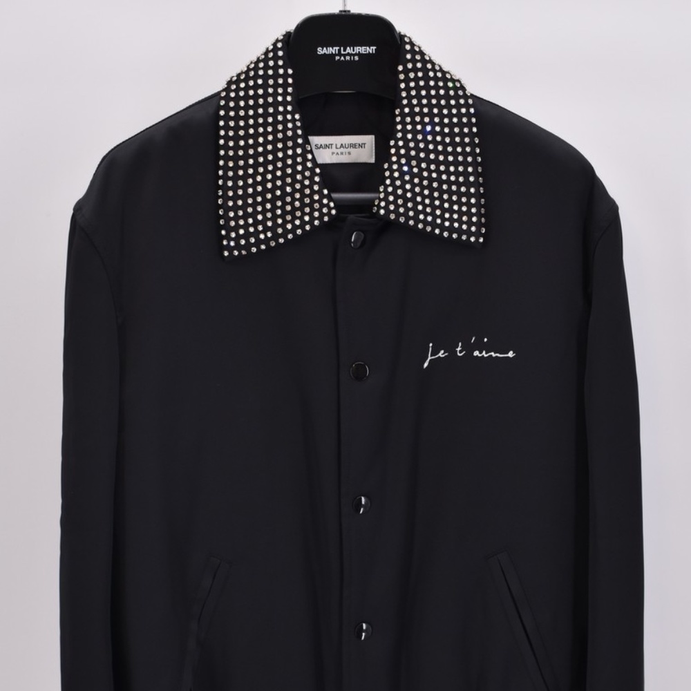 "JE T'AIME" TEDDY JACKET IN BLACK SATIN & CRYSTAL